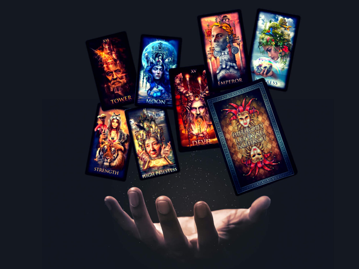 KL Tarot, Anthony Lefevre's hand is holding a bunch of tarot cards.