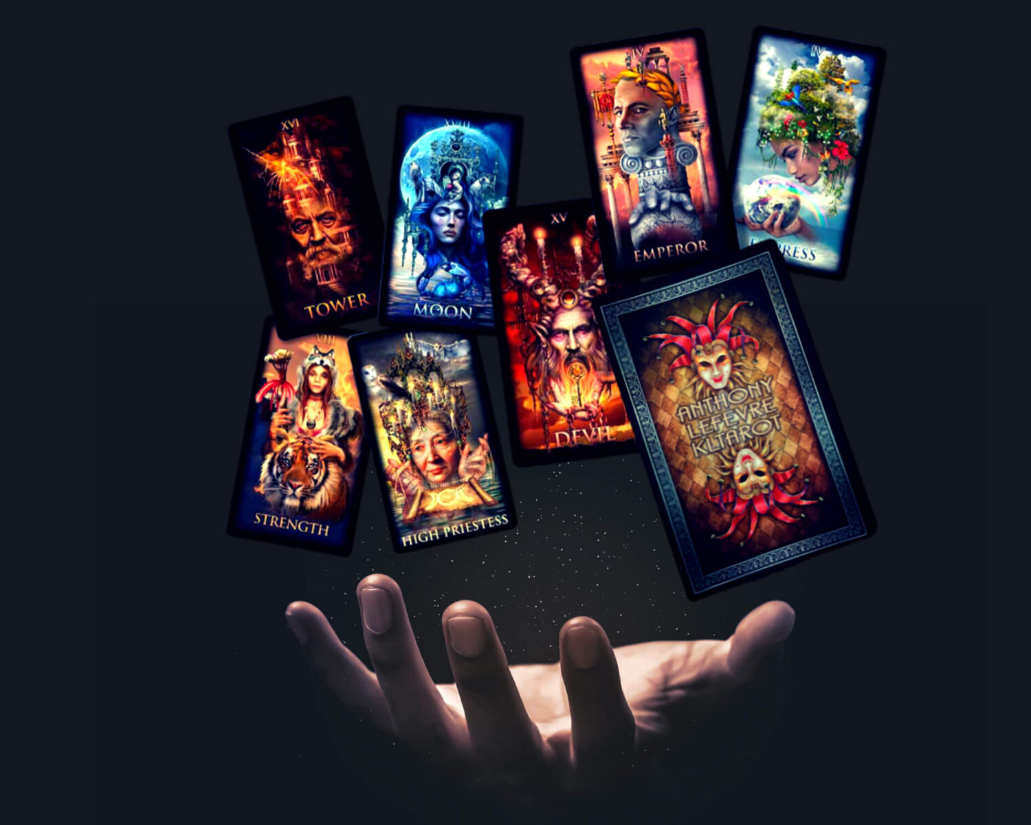 KL Tarot, Anthony Lefevre's hand is holding a bunch of tarot cards.