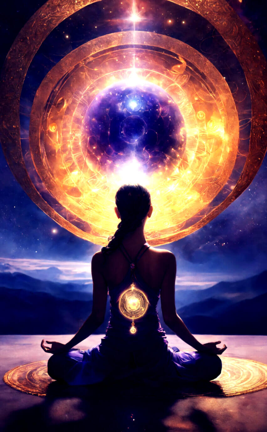 KL Tarot. A woman sitting in a lotus position in front of a starry sky, perfect for a tarot card reading.