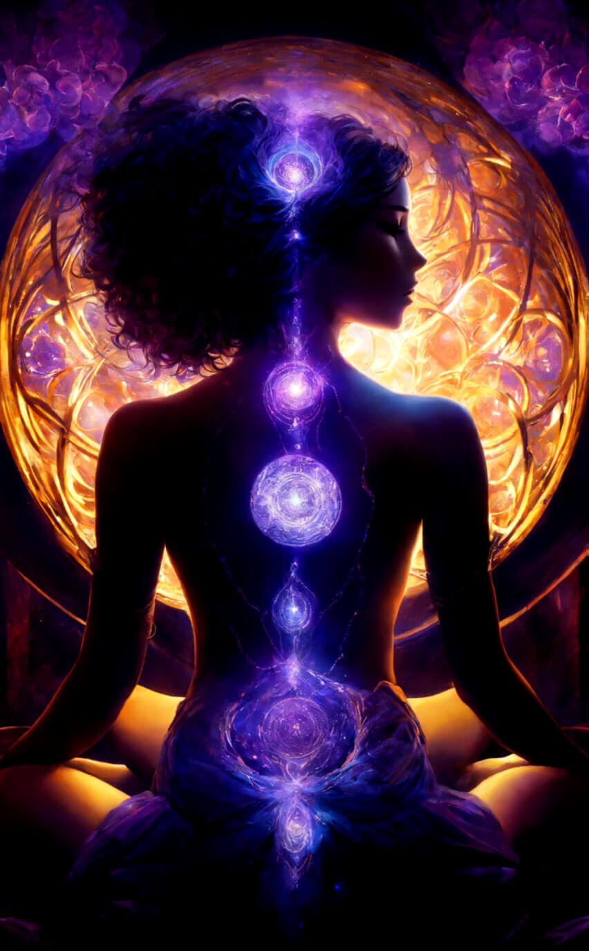 KL Tarot. An image of a woman in meditation with purple chakras during a tarot reading.