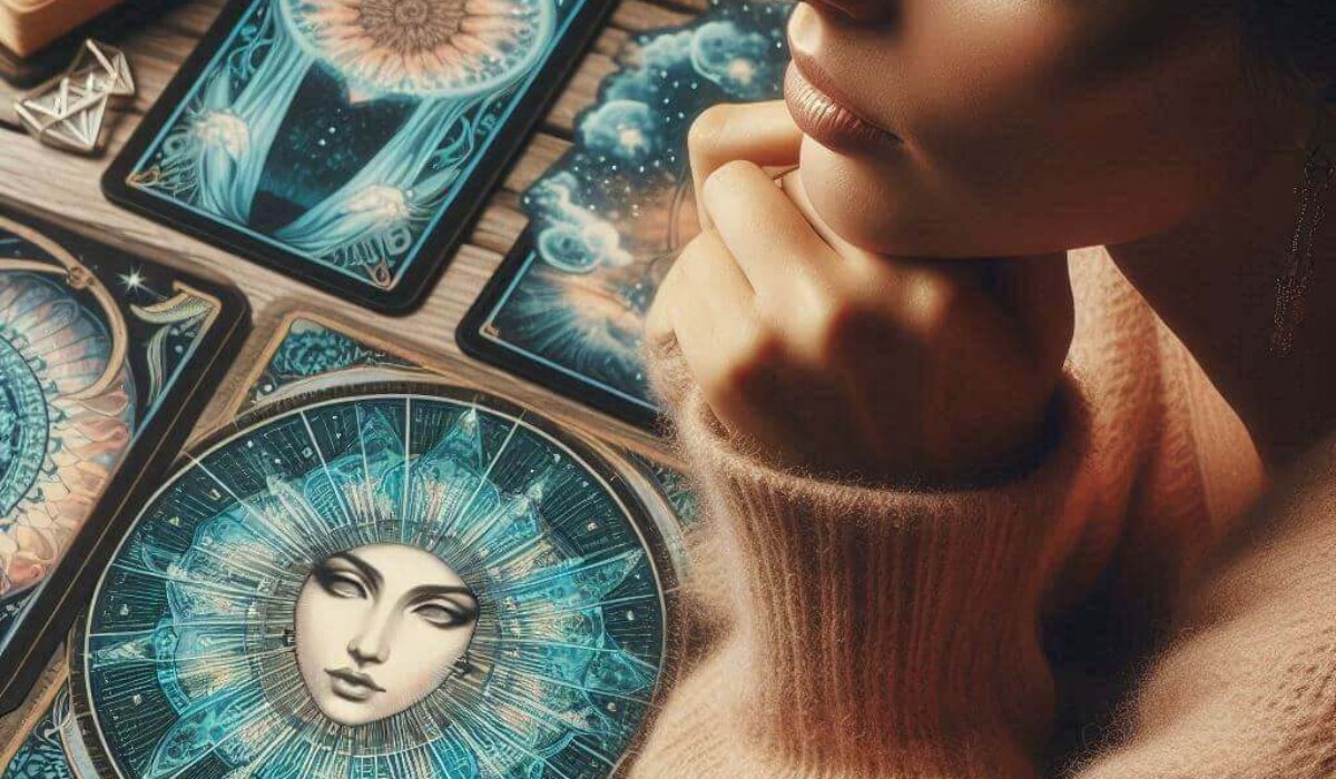 KL Tarot. A person sits thoughtfully beside a spread of intricately designed tarot cards, engaged in a peaceful tarot reading, with candles and decorative items in the background.