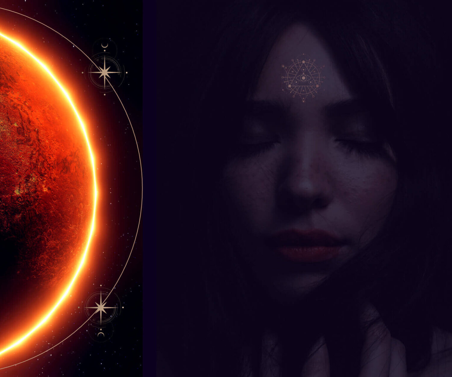 KL Tarot. Close-up of a vibrant, glowing red planet on the left, and a woman's face with closed eyes and an intricate symbol on her forehead on the right.