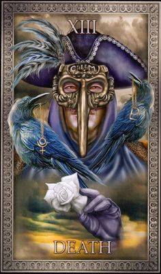 KL Tarot. A tarot card labeled "XIII DEATH" features a masked figure holding a white rose and two blackbirds perched on each side.