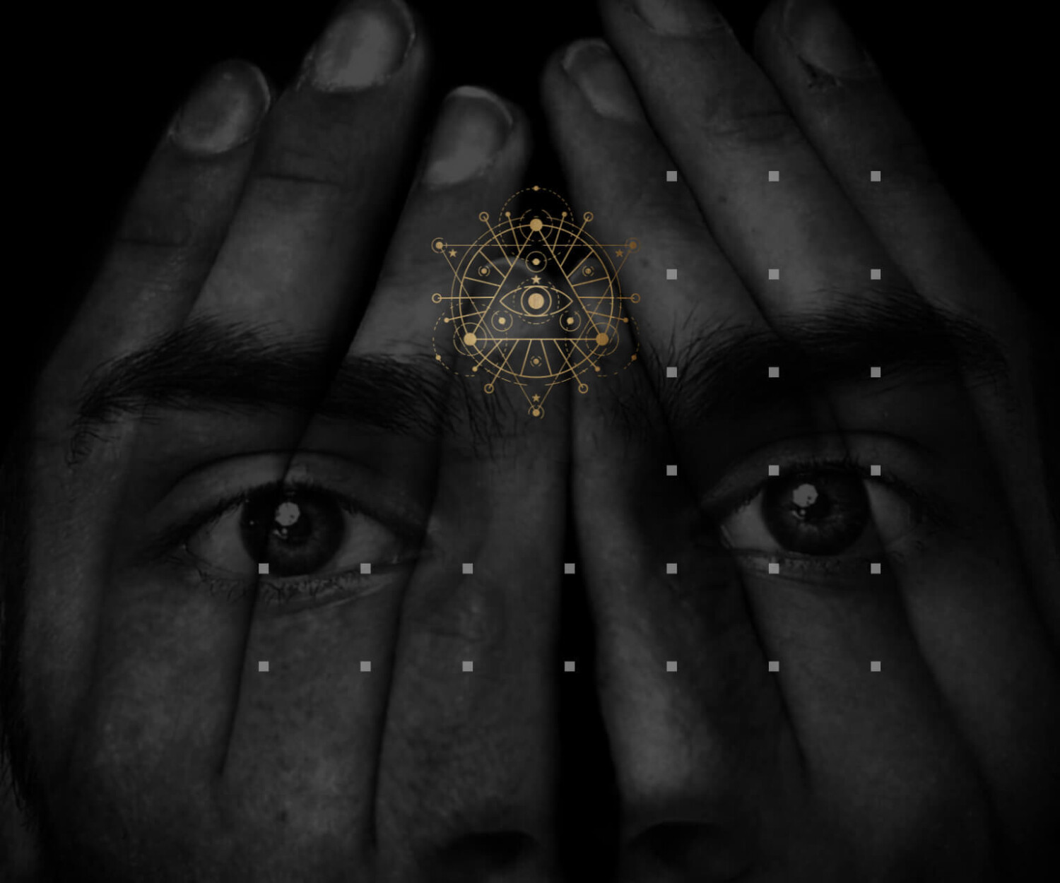 KL Tarot. A black-and-white image of a face with hands covering it, featuring a golden geometric design with an eye at the center on the forehead.