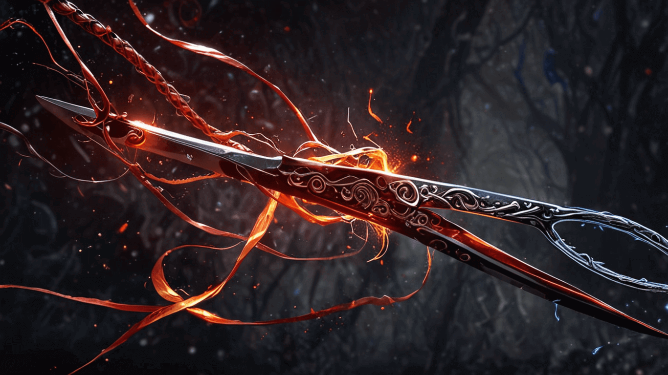 KL Tarot. Intricately designed dual swords with red and silver detailing, their glowing ribbons reminiscent of a Mercury Retrograde's chaotic dance, set against a dark, swirling background.