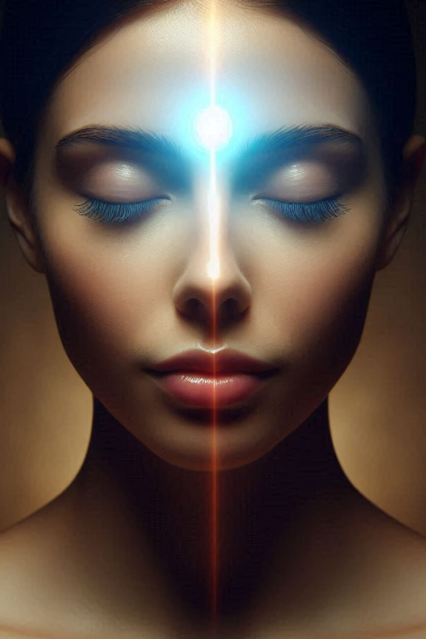KL Tarot. A person with closed eyes and a glowing light at their forehead, symbolizing a third eye and illumination, reminiscent of introspective moments often explored in tarot readings.