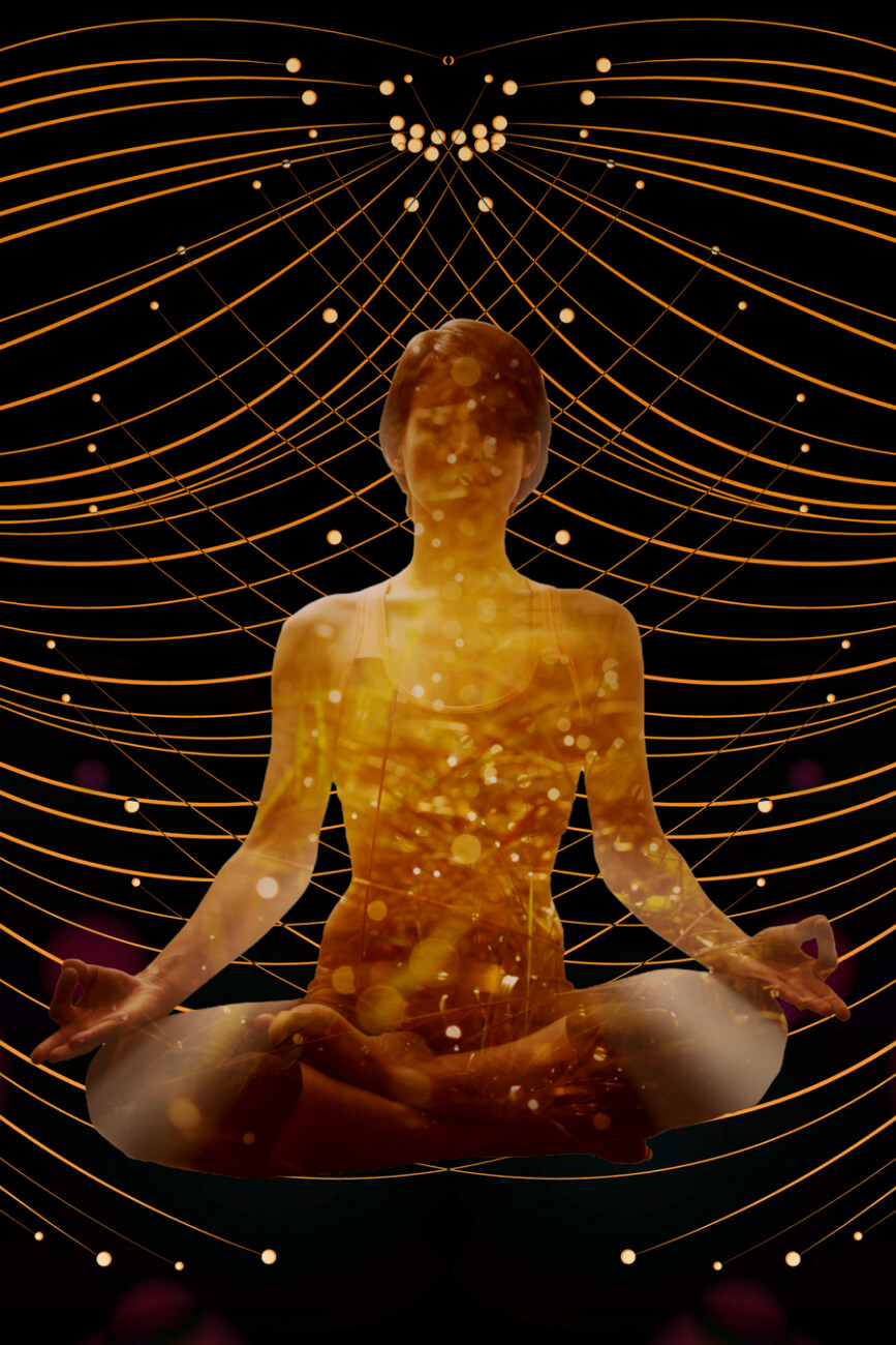 KL Tarot. Silhouette of a person meditating in a lotus position, embraced by abstract glowing lines and dots, reminiscent of the mystical energy found in tarot readings.